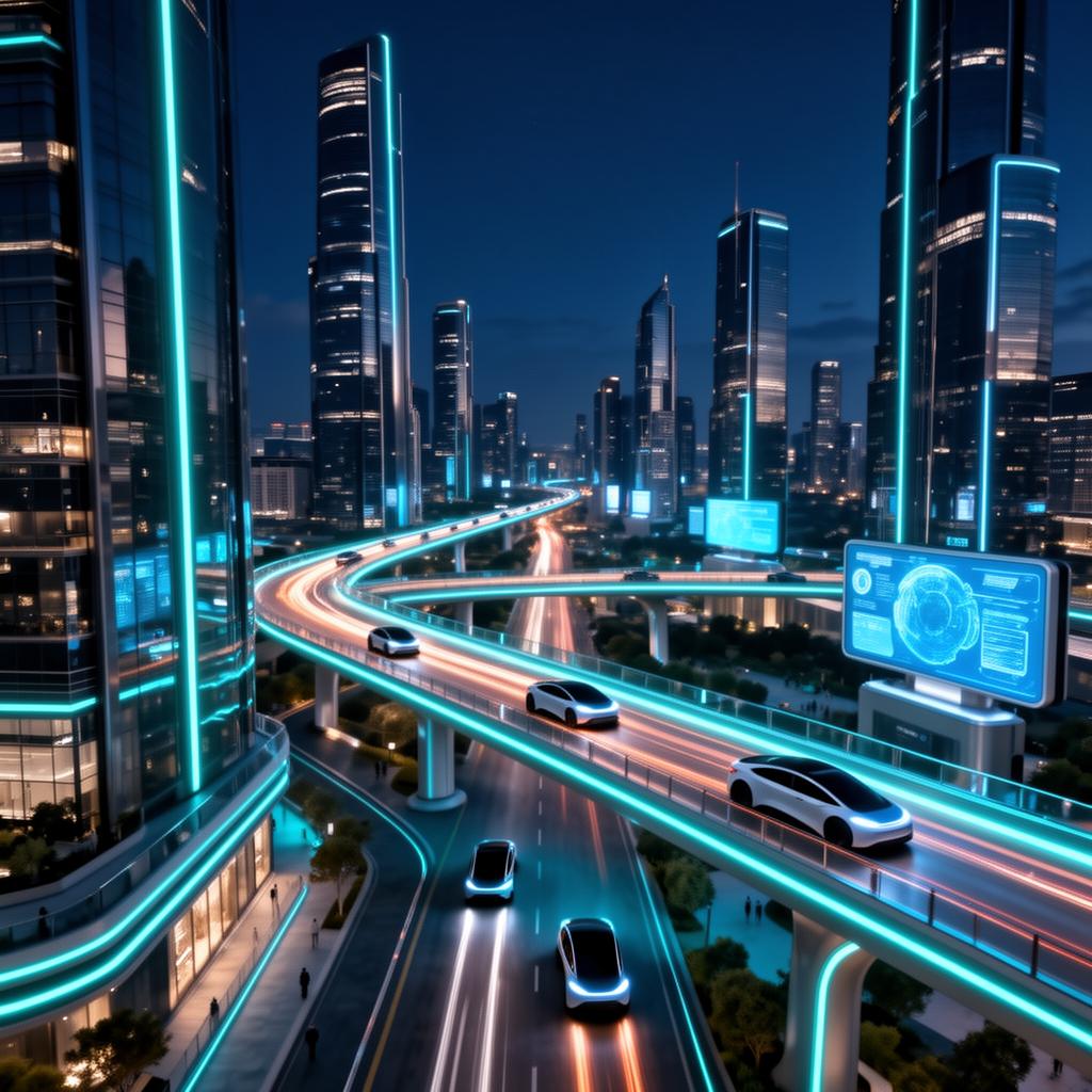 Visualización conceptual de una smart city con torres iluminadas, vehículos eléctricos y vías elevadas con luces neón cian al anochecer.